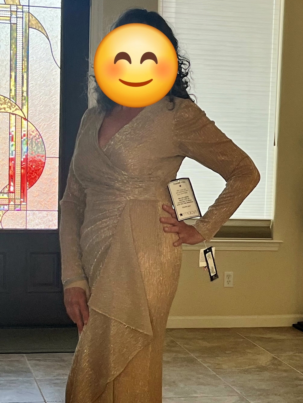 Macy's Elegant Gold Long-Sleeve Wrap Evening Dress